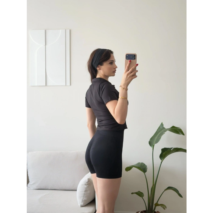 Belize Polo Yaka Crop - SİYAH
