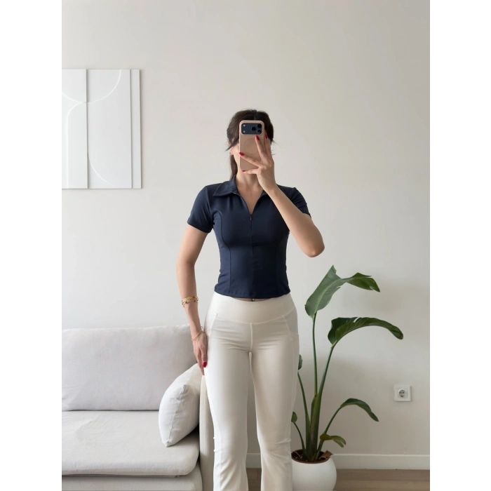 Belize Polo Yaka Crop - LACİVERT