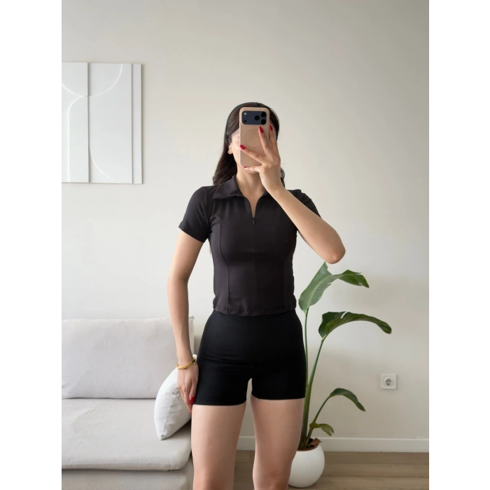 Belize Polo Yaka Crop - SİYAH