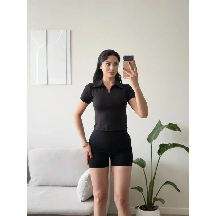 Belize Polo Yaka Crop - SİYAH