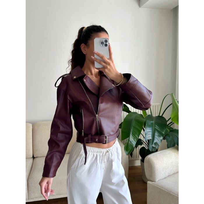 Biker Kemerli Deri Ceket - BORDO