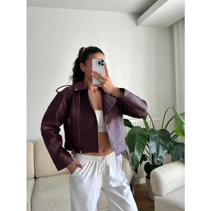 Biker Kemerli Deri Ceket - BORDO