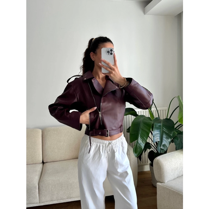 Biker Kemerli Deri Ceket - BORDO