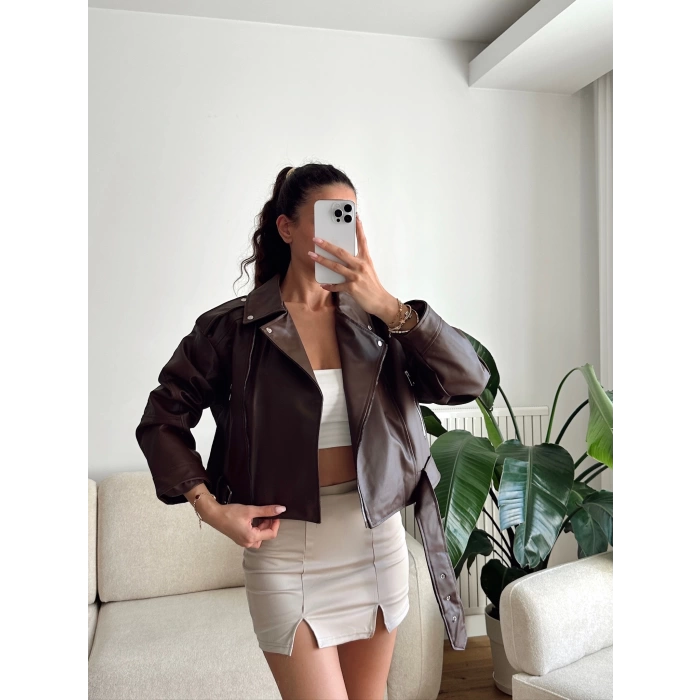 Biker Kemerli Deri Ceket - KAHVE