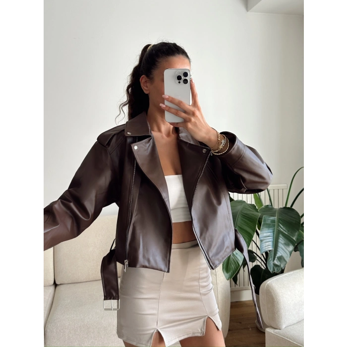 Biker Kemerli Deri Ceket - KAHVE