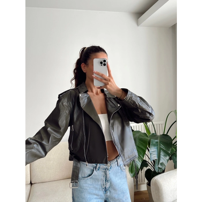 Biker Kemerli Deri Ceket - YEŞİL