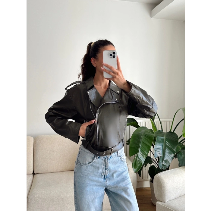 Biker Kemerli Deri Ceket - YEŞİL