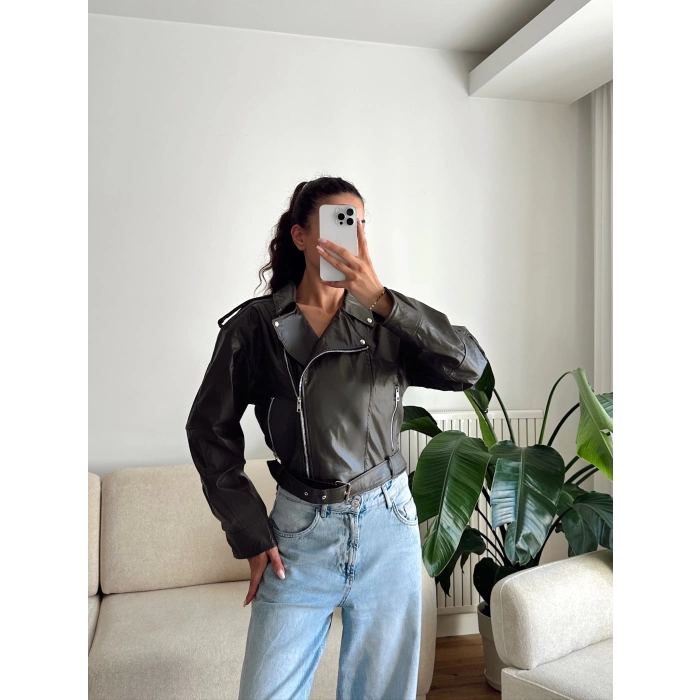Biker Kemerli Deri Ceket - YEŞİL