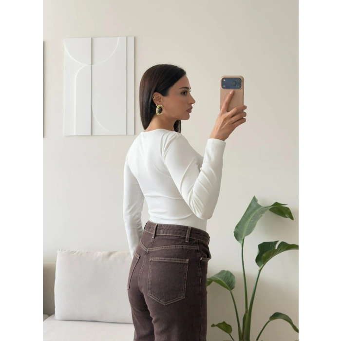 Bisiklet Yaka Bodysuit - BEYAZ
