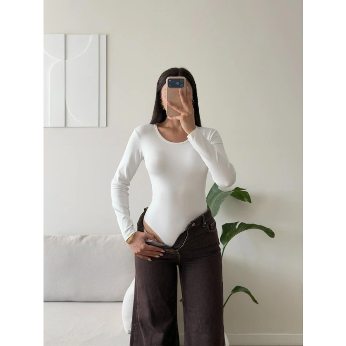 Bisiklet Yaka Bodysuit - BEYAZ