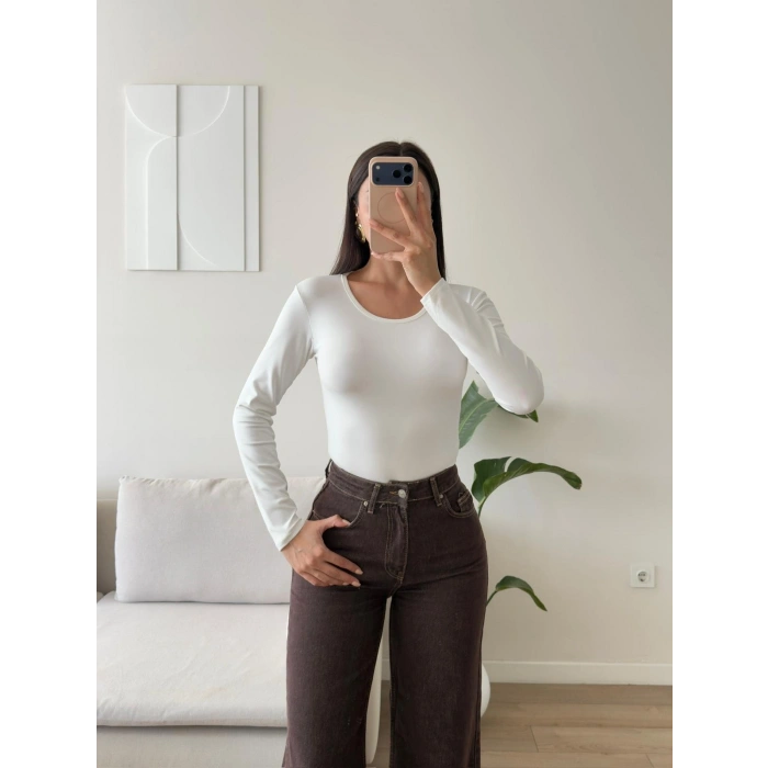 Bisiklet Yaka Bodysuit - BEYAZ