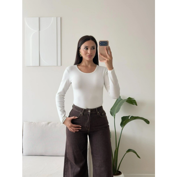 Bisiklet Yaka Bodysuit - BEYAZ