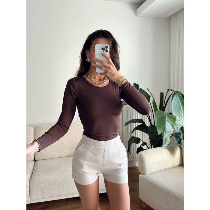 Bisiklet Yaka Bodysuit - KAHVE