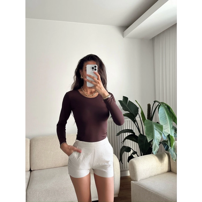 Bisiklet Yaka Bodysuit - KAHVE