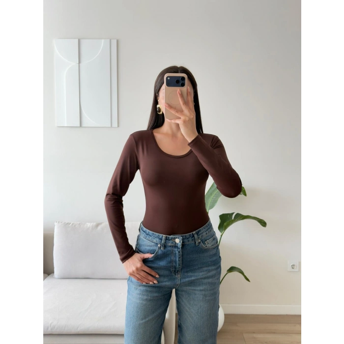 Bisiklet Yaka Bodysuit - KAHVE