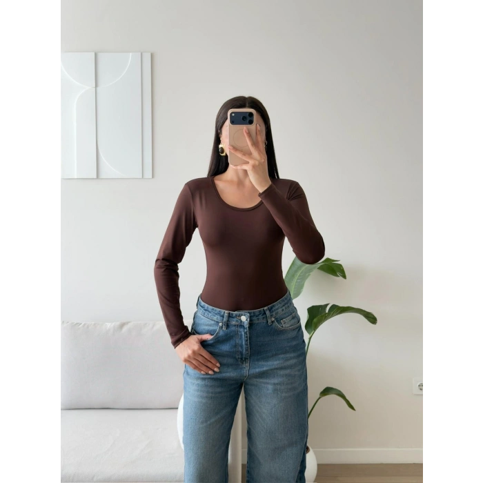 Bisiklet Yaka Bodysuit - KAHVE