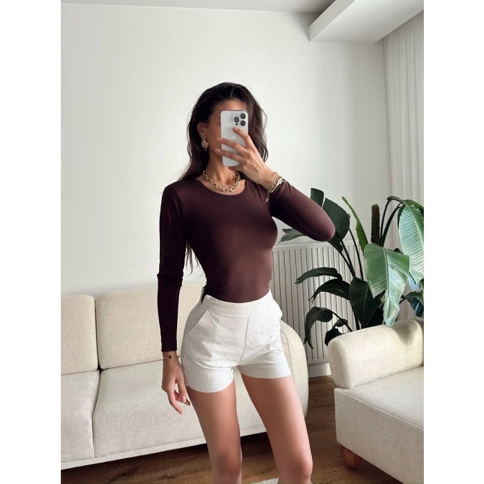 Bisiklet Yaka Bodysuit - KAHVE