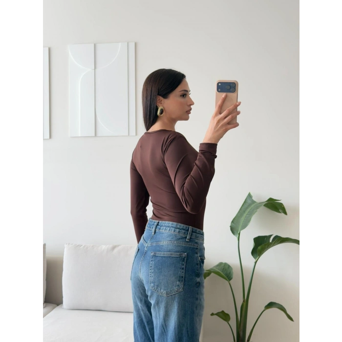 Bisiklet Yaka Bodysuit - KAHVE