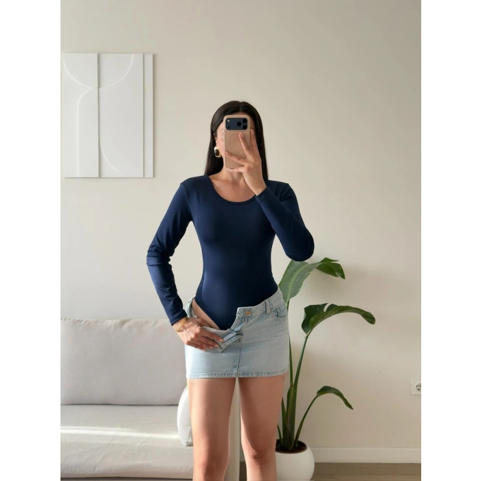 Bisiklet Yaka Bodysuit - LACİVERT