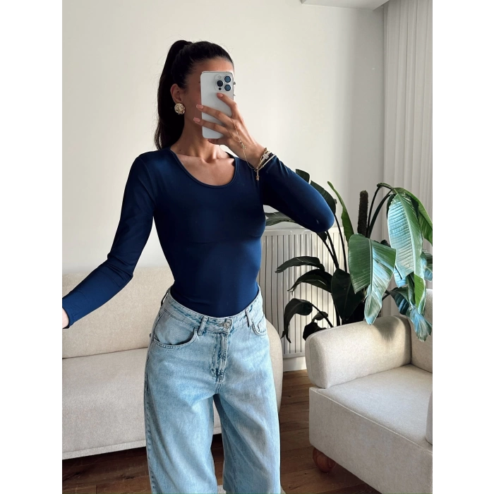 Bisiklet Yaka Bodysuit - LACİVERT