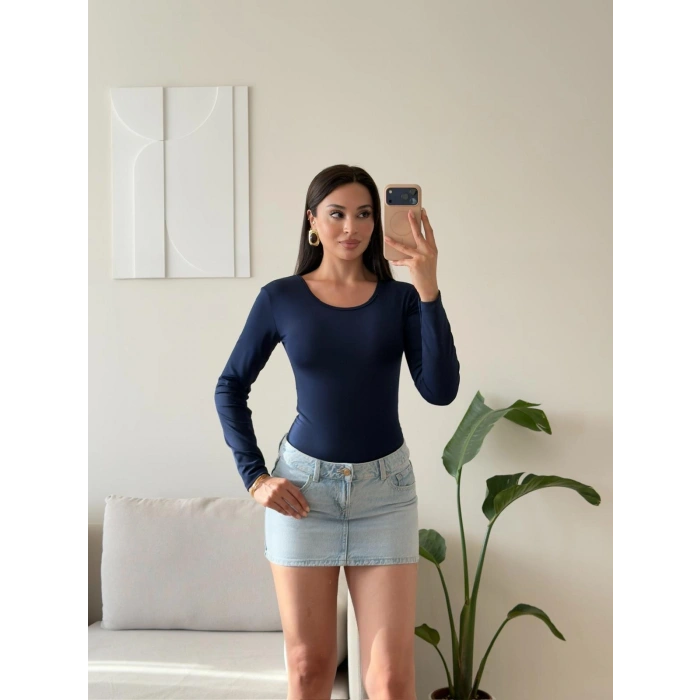 Bisiklet Yaka Bodysuit - LACİVERT