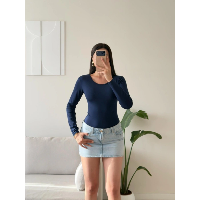 Bisiklet Yaka Bodysuit - LACİVERT