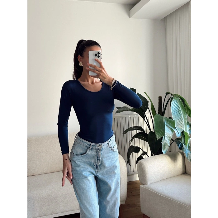 Bisiklet Yaka Bodysuit - LACİVERT