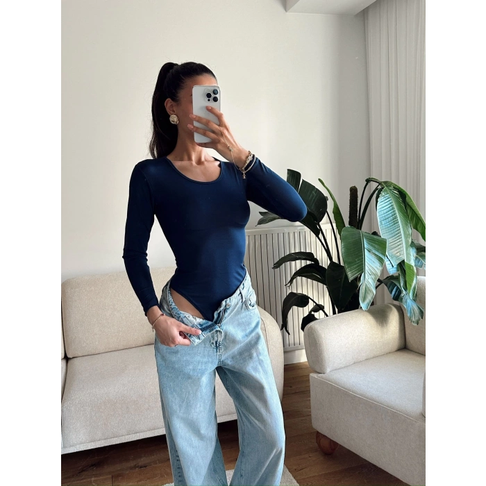 Bisiklet Yaka Bodysuit - LACİVERT