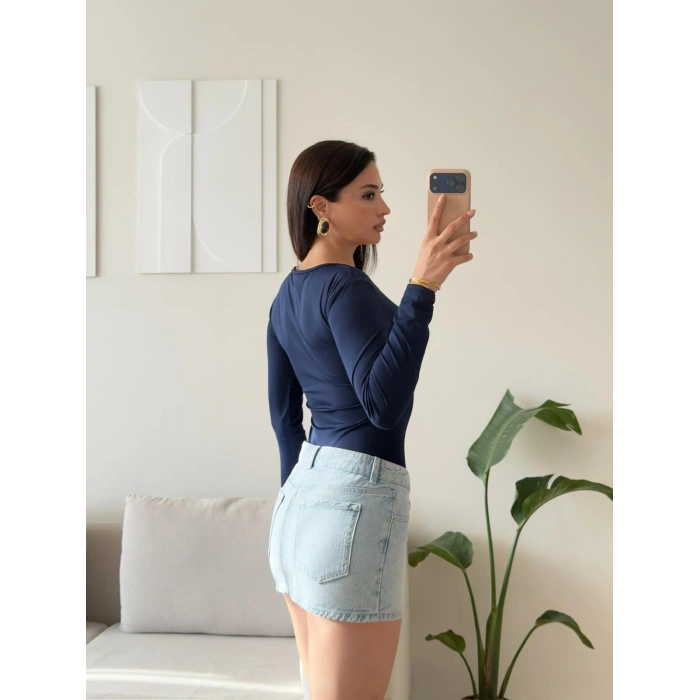 Bisiklet Yaka Bodysuit - LACİVERT