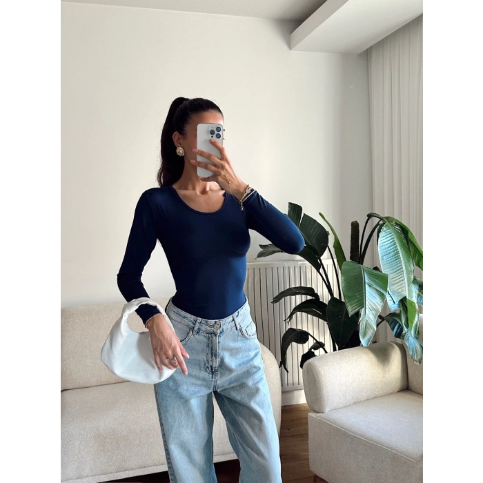 Bisiklet Yaka Bodysuit - LACİVERT