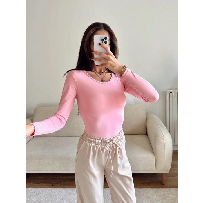 Bisiklet Yaka Bodysuit - PEMBE