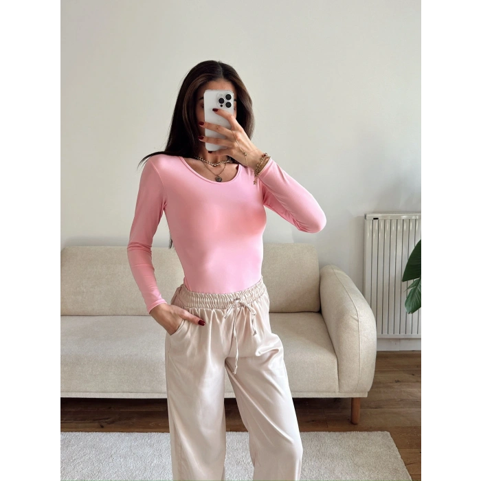 Bisiklet Yaka Bodysuit - PEMBE