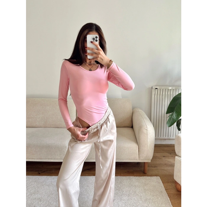 Bisiklet Yaka Bodysuit - PEMBE