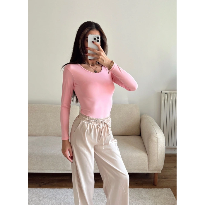 Bisiklet Yaka Bodysuit - PEMBE