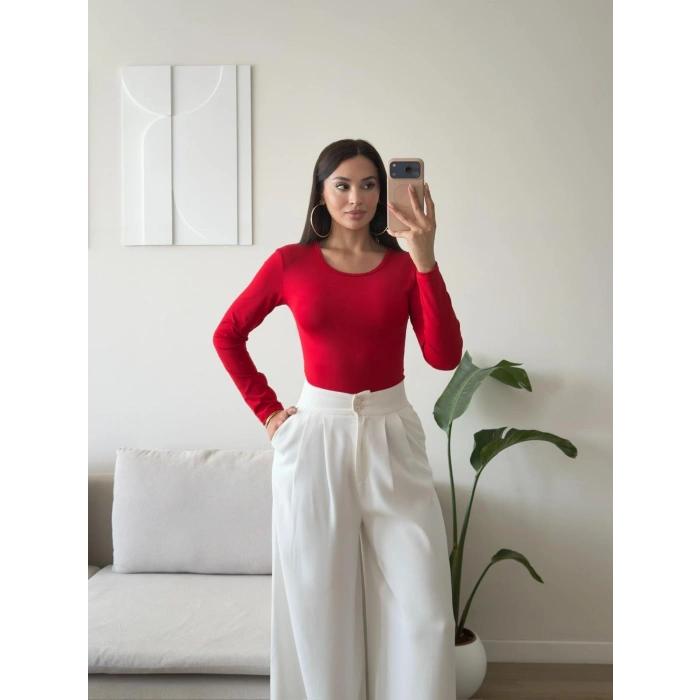 Bisiklet Yaka Bodysuit - KIRMIZI