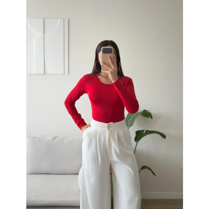 Bisiklet Yaka Bodysuit - KIRMIZI