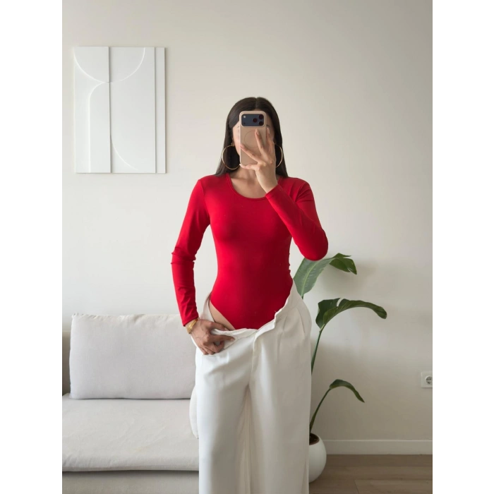Bisiklet Yaka Bodysuit - KIRMIZI