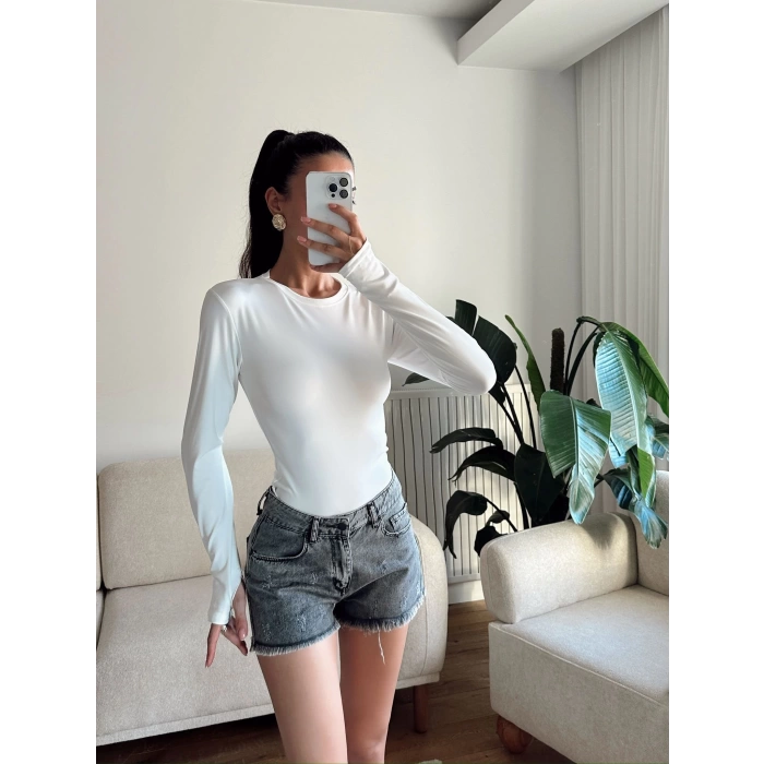 Bisiklet Yaka Crop - BEYAZ