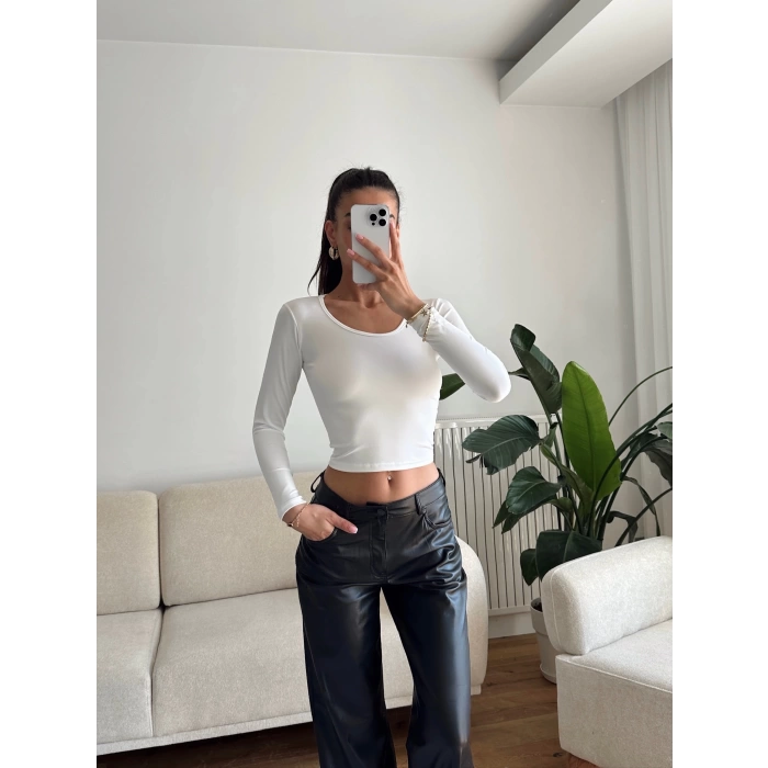 Bisiklet yaka Crop - BEYAZ
