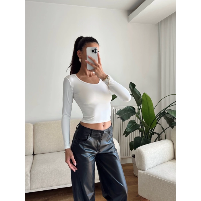 Bisiklet yaka Crop - BEYAZ