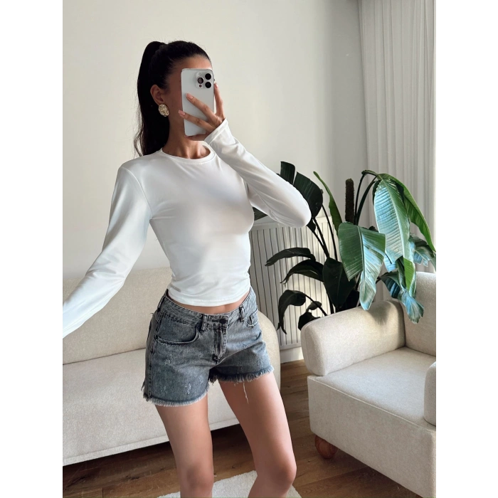 Bisiklet Yaka Crop - BEYAZ