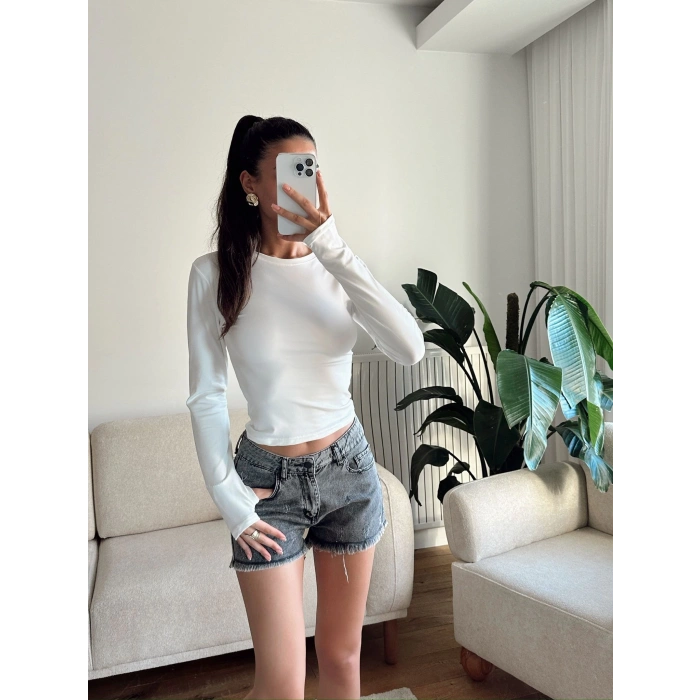 Bisiklet Yaka Crop - BEYAZ