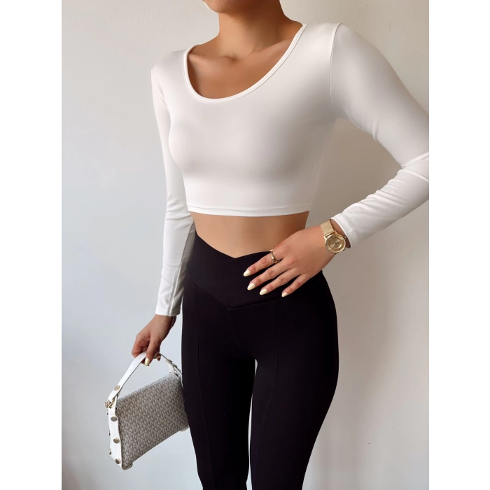 Bisiklet Yaka Crop Bluz-BEYAZ
