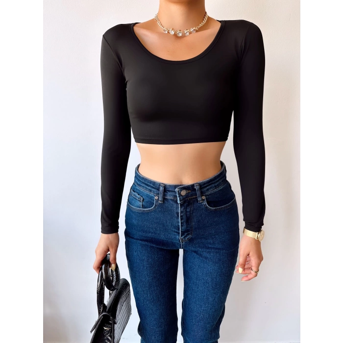 Bisiklet Yaka Crop Bluz-SİYAH