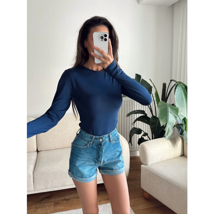 Bisiklet Yaka Crop - LACİVERT