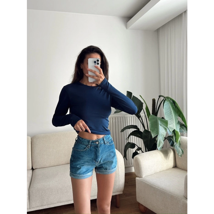 Bisiklet Yaka Crop - LACİVERT