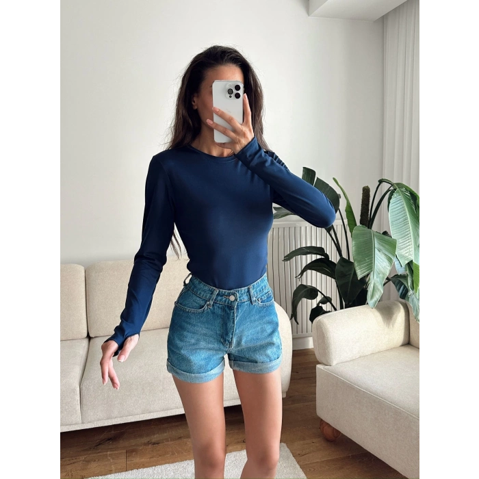 Bisiklet Yaka Crop - LACİVERT