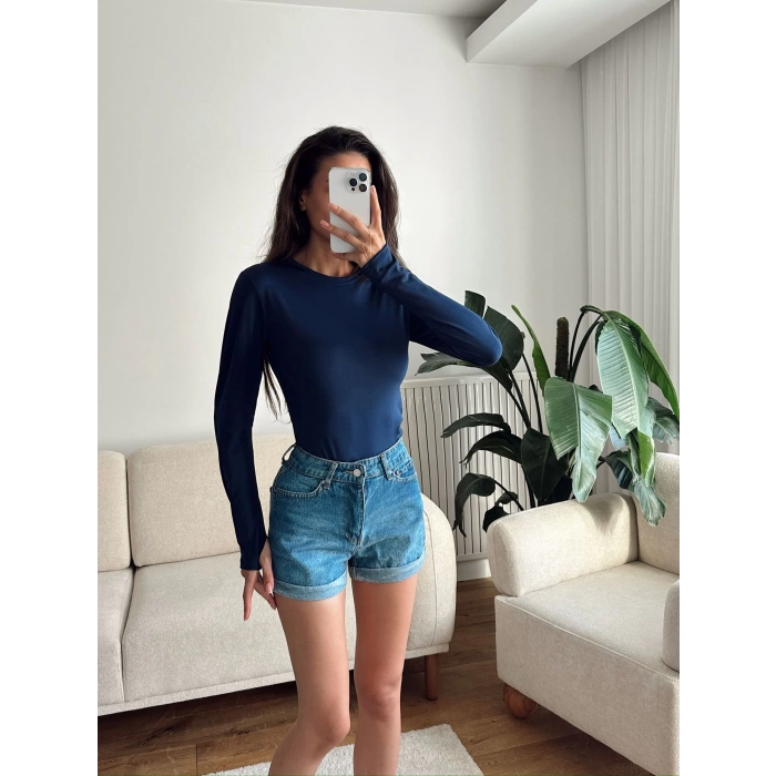Bisiklet Yaka Crop - LACİVERT