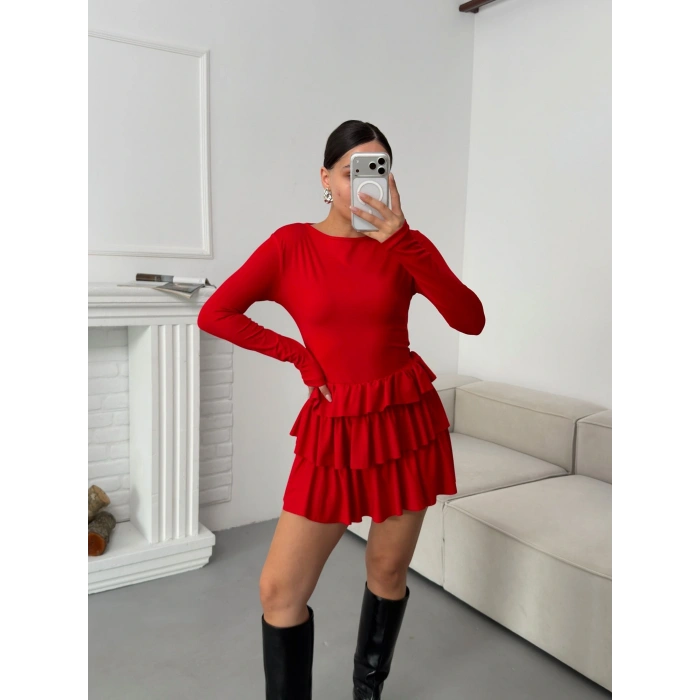 Bisiklet Yaka Fırfırlı Elbise - KIRMIZI