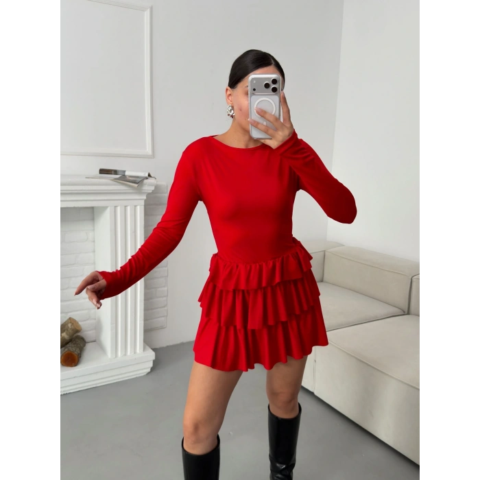 Bisiklet Yaka Fırfırlı Elbise - KIRMIZI